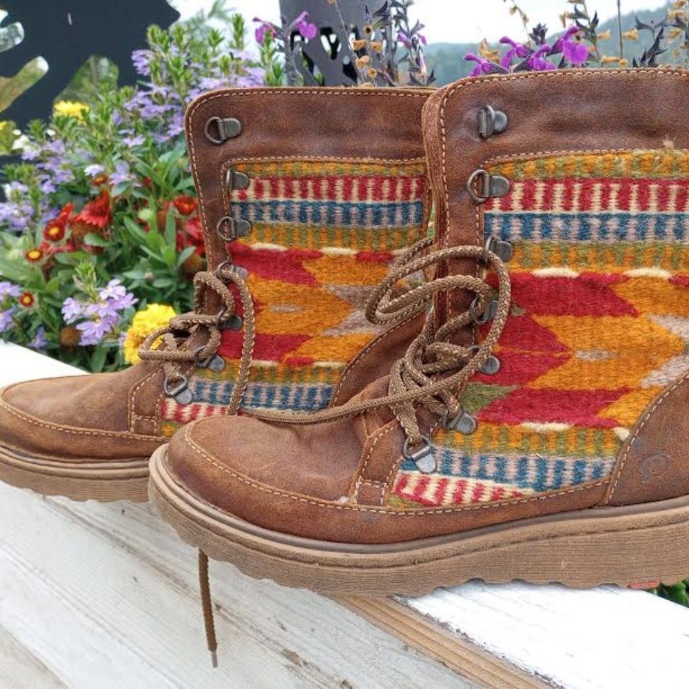 Born Brown Leather Lace-Up Boots with Multicolor Southwestern Panel. Unique!